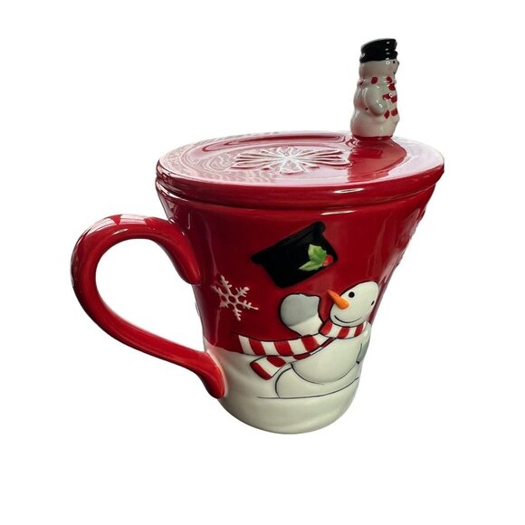 2 St. Nicholas Square Tree Lot Coffee Mug Cups Snowman Christmas 3D With Lids - Picture 4 of 9